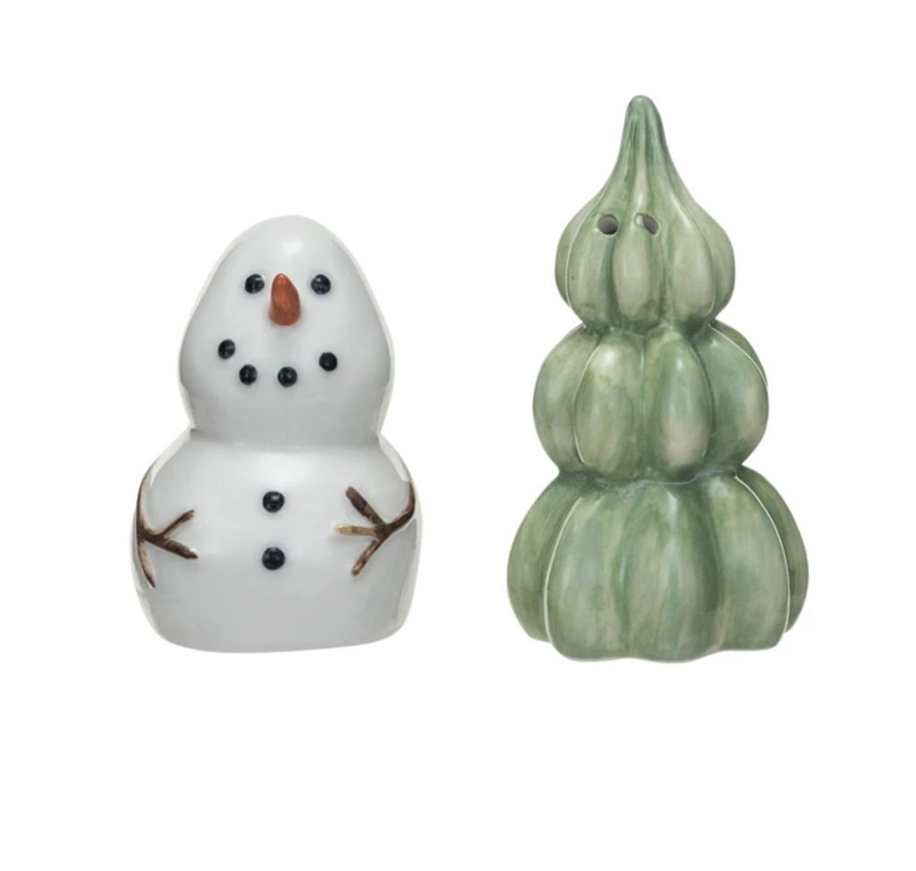 Stoneware Snowman & Tree Salt & Pepper Shakers, Set of 2