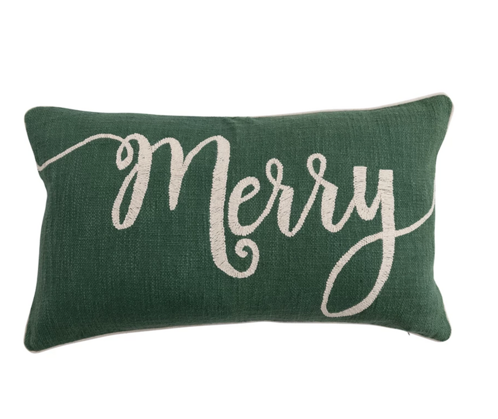 Cotton Slub Lumbar Pillow with Embroidered "Merry", Green & Natural