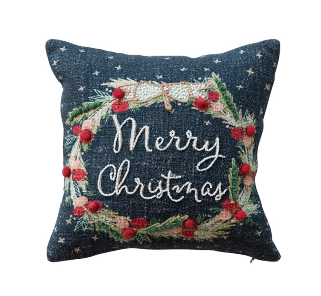12" Square Cotton Printed Pillow w/ Wreath, Embroidery, Beads & Pom Poms