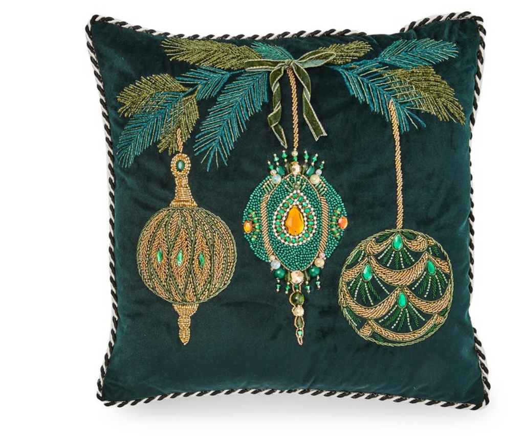 Emerald Ornaments Beaded Throw Pillow