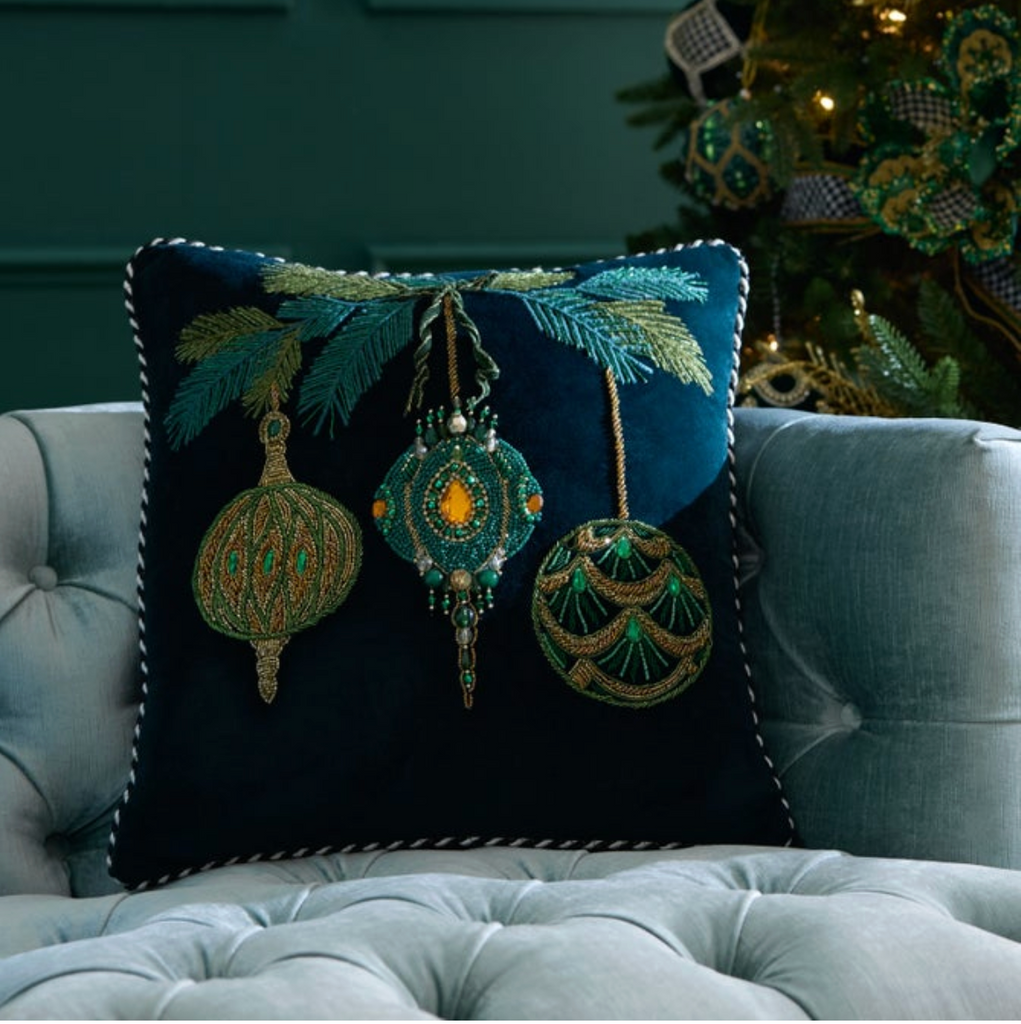 Emerald Ornaments Beaded Throw Pillow