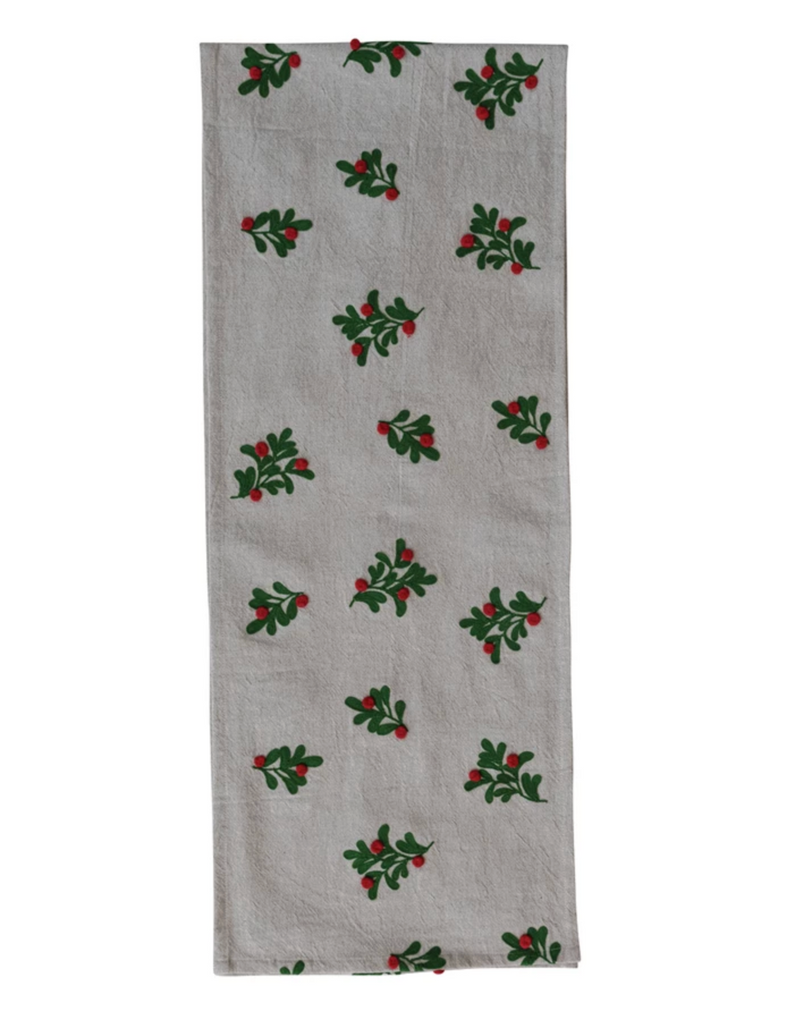 Table Runner with Embroidered Mistletoe Pattern & Pom Poms, Natural