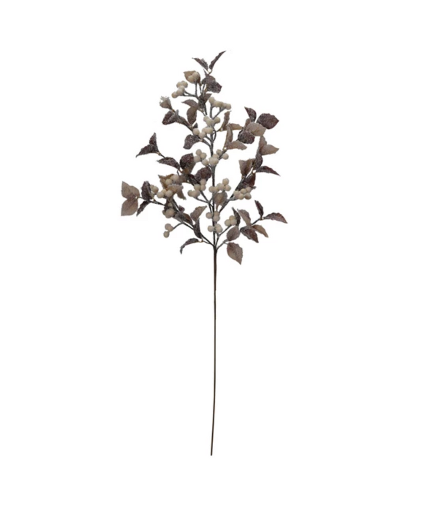 36"H Faux Berry Leaf Stem, Snow Finish, Brown & Cream Color