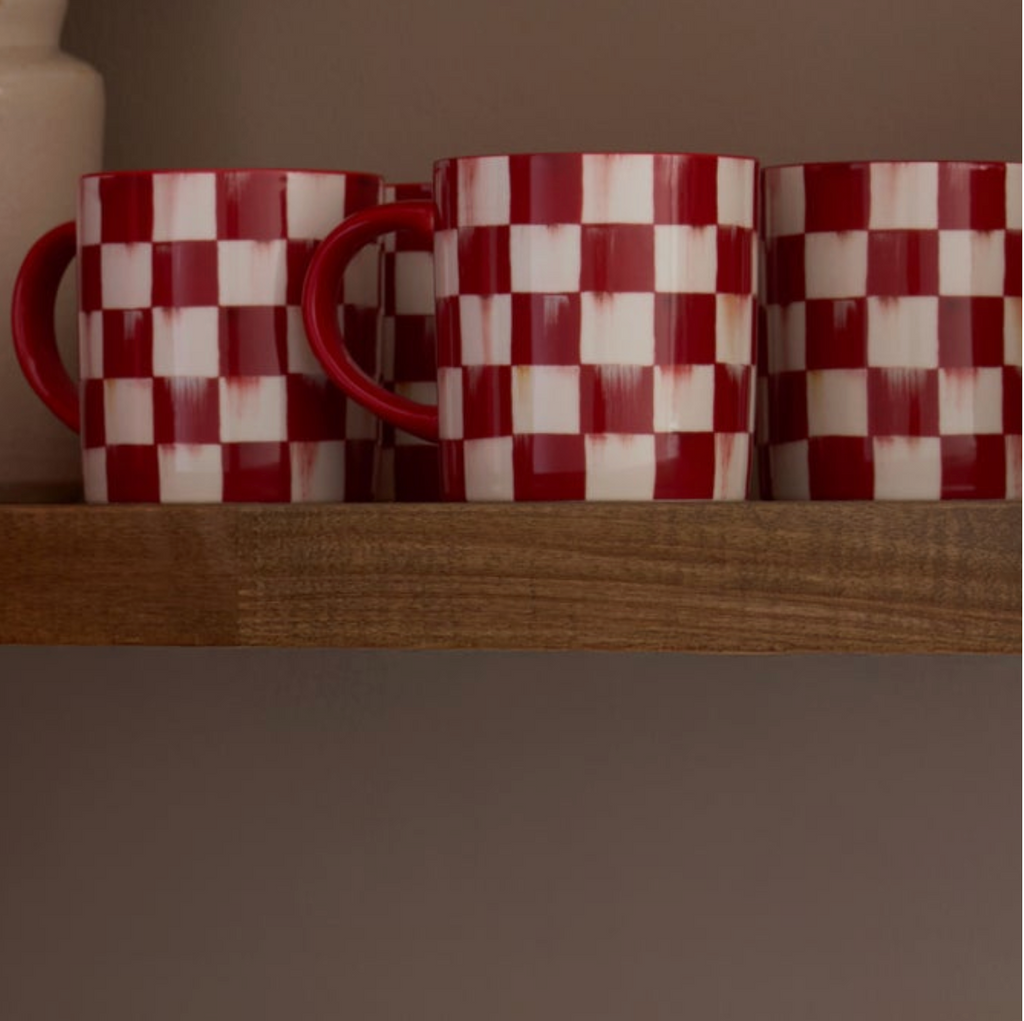 Cherry Check Mugs, Set of 4