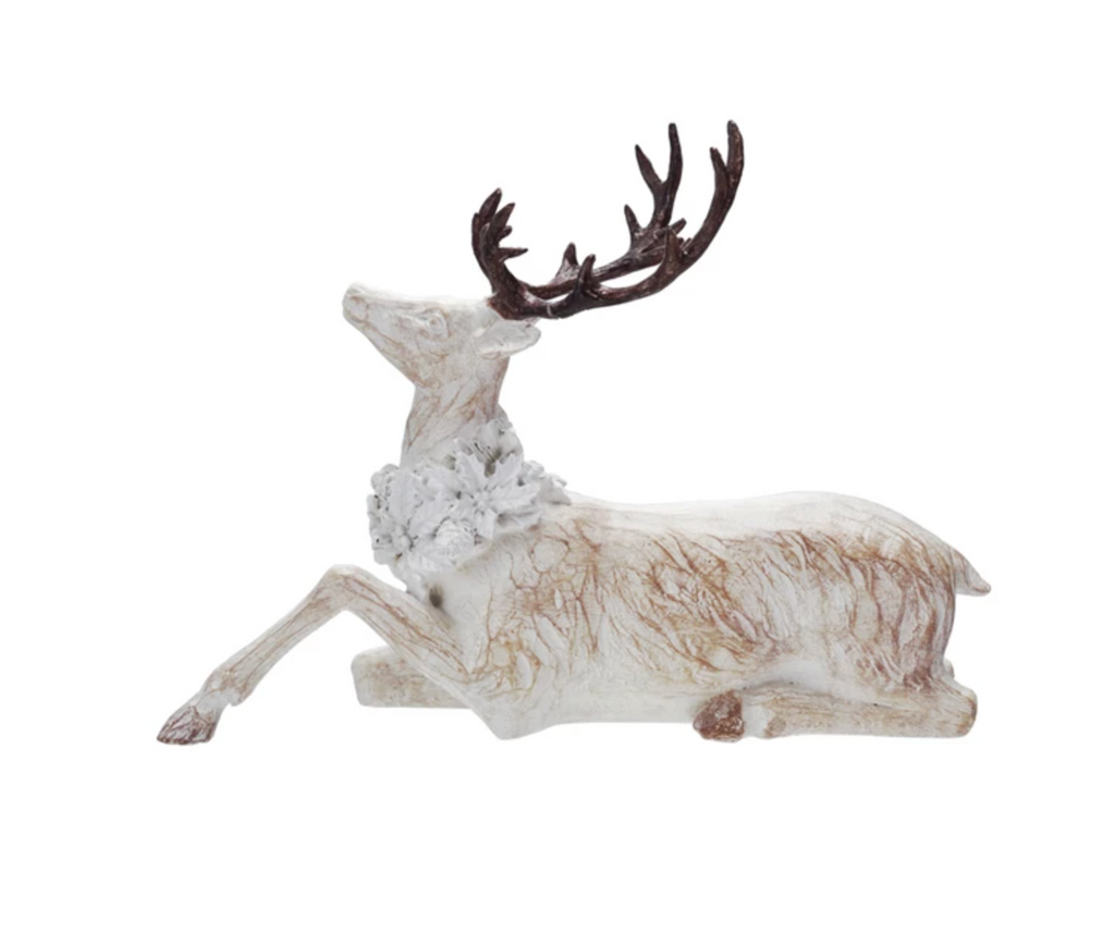 Resin Sitting Deer with Wreath, Whitewashed Wood Finish