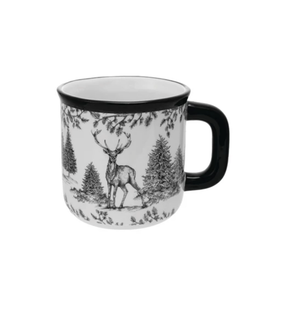 18 oz. Ceramic Mug with Woodland Deer Scene & Colored Rim