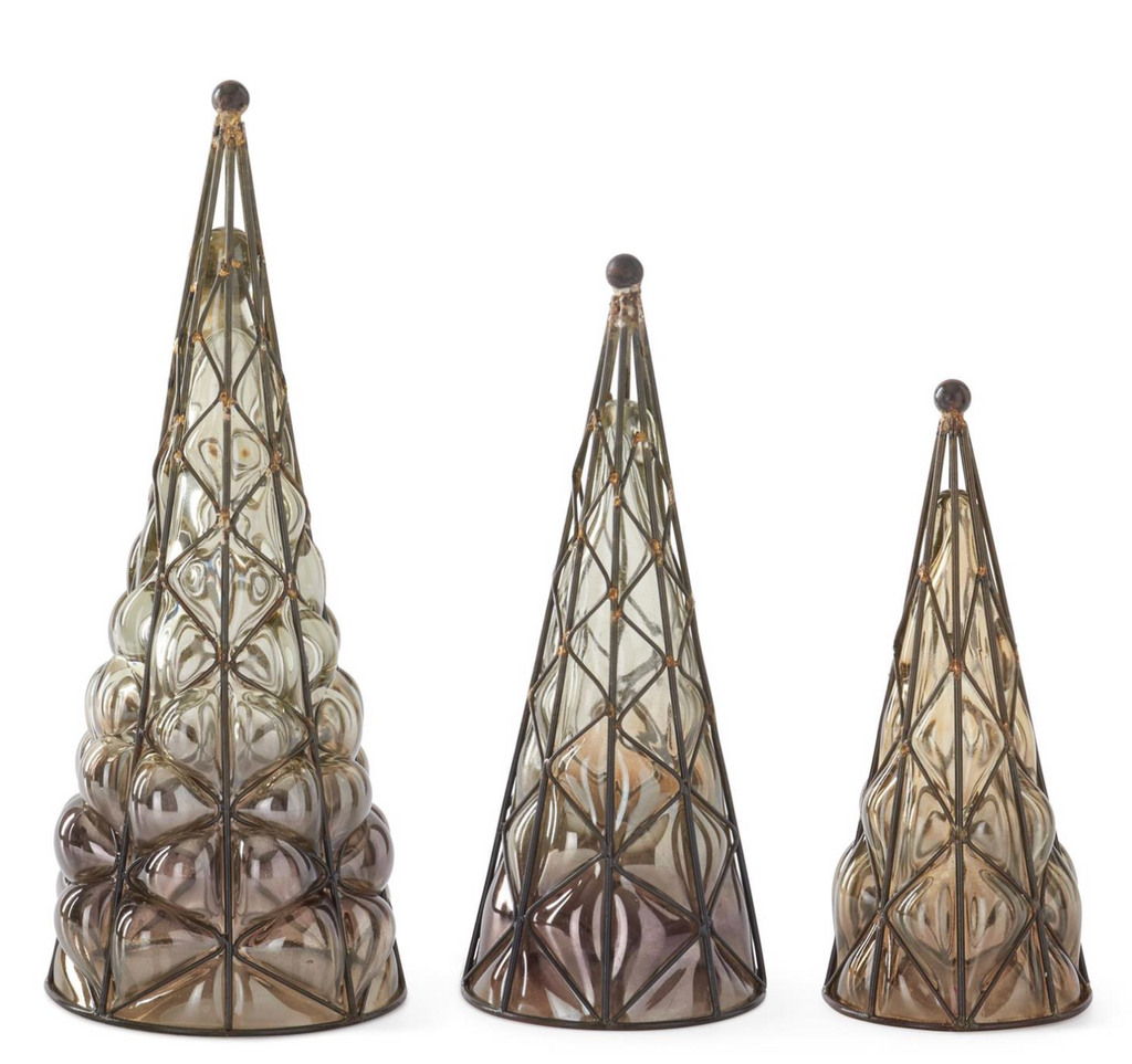 Green Metallic Blown Glass Christmas Trees in Black Metal