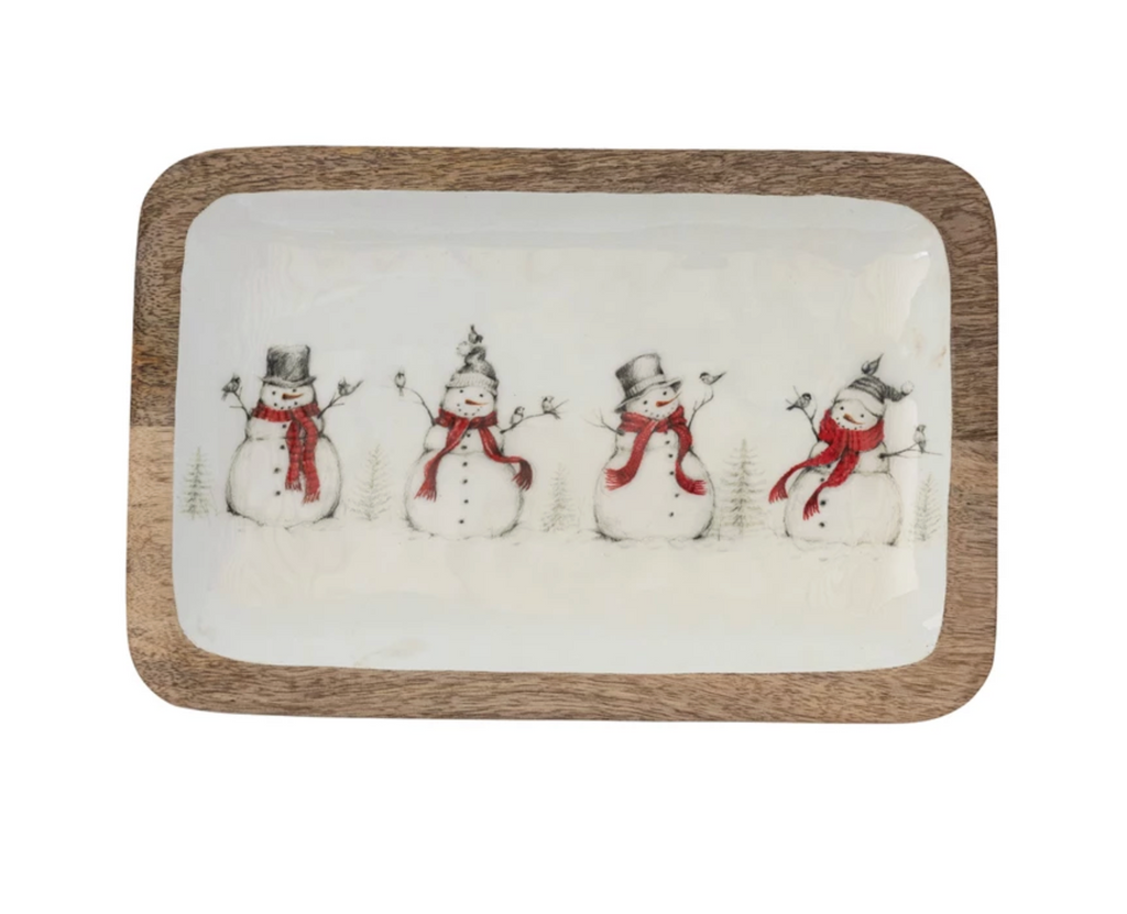 Enameled Mango Wood Tray with Snowmen & Birds Image