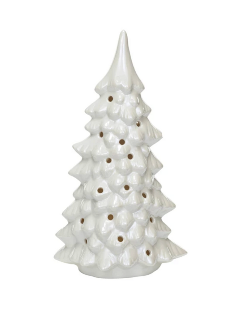 Stoneware LED Tree w/ Cut-Outs, Iridescent Finish, Cream Color