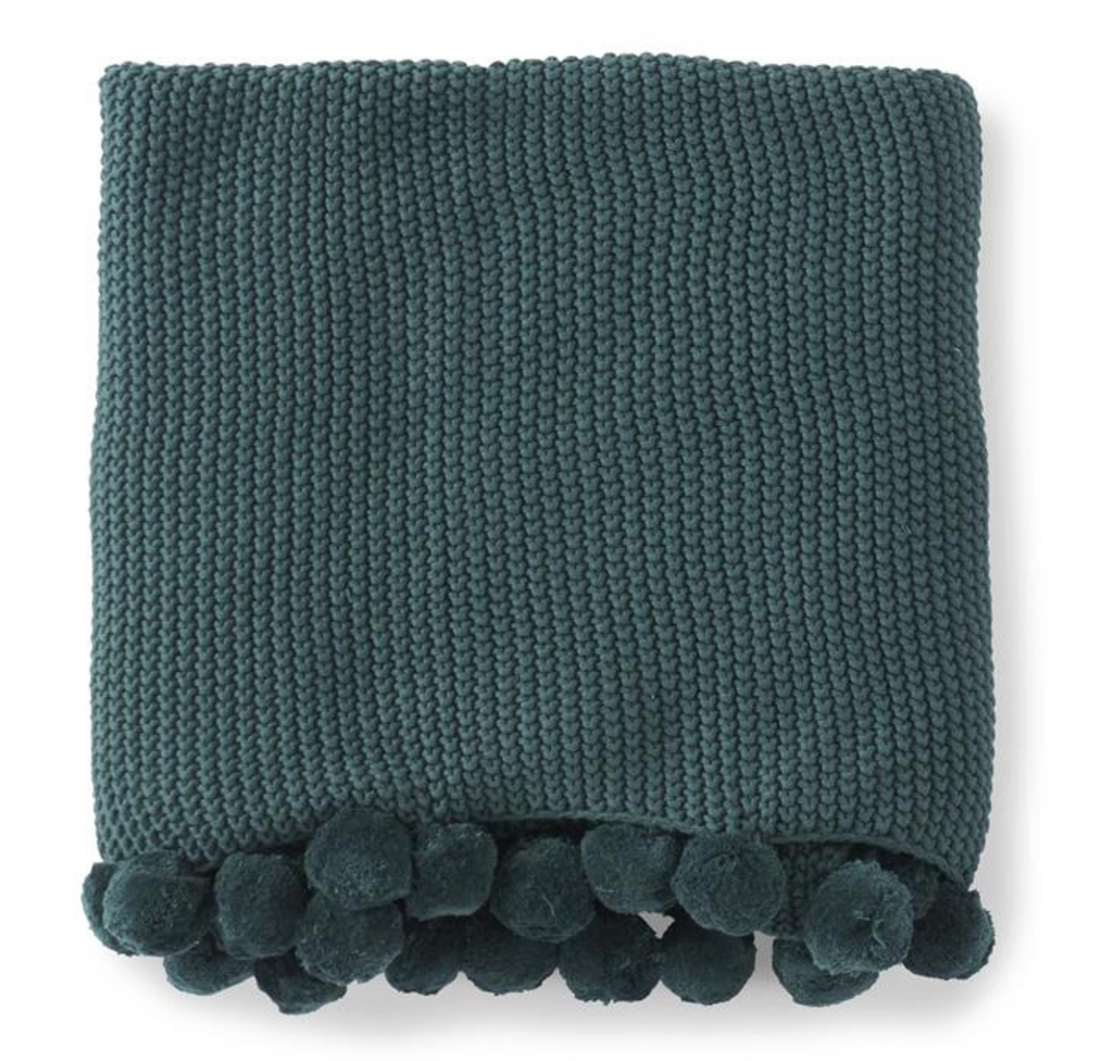 60 Inch Hunter Green Stitch Knit Throw w/Pompom Trim