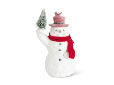 10.25 Inch Sugar Glittered Snowman Holding Tree