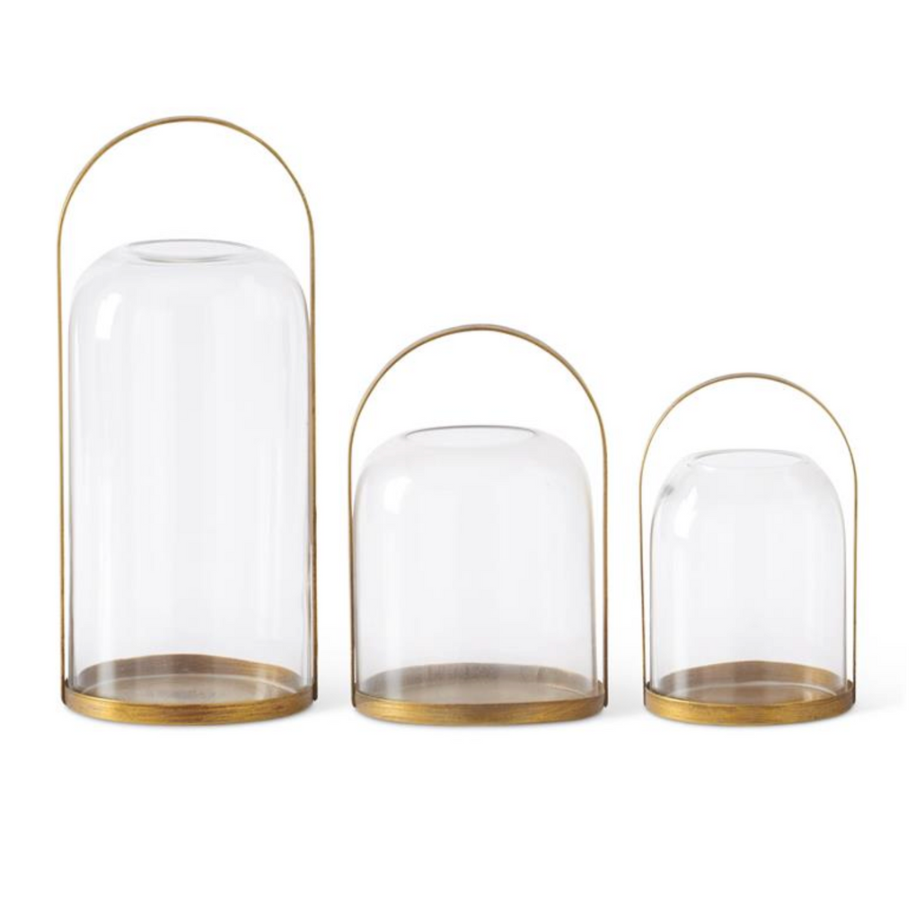 Round Gold Metal Lantern Candleholders w/Glass Domed Hurricanes
