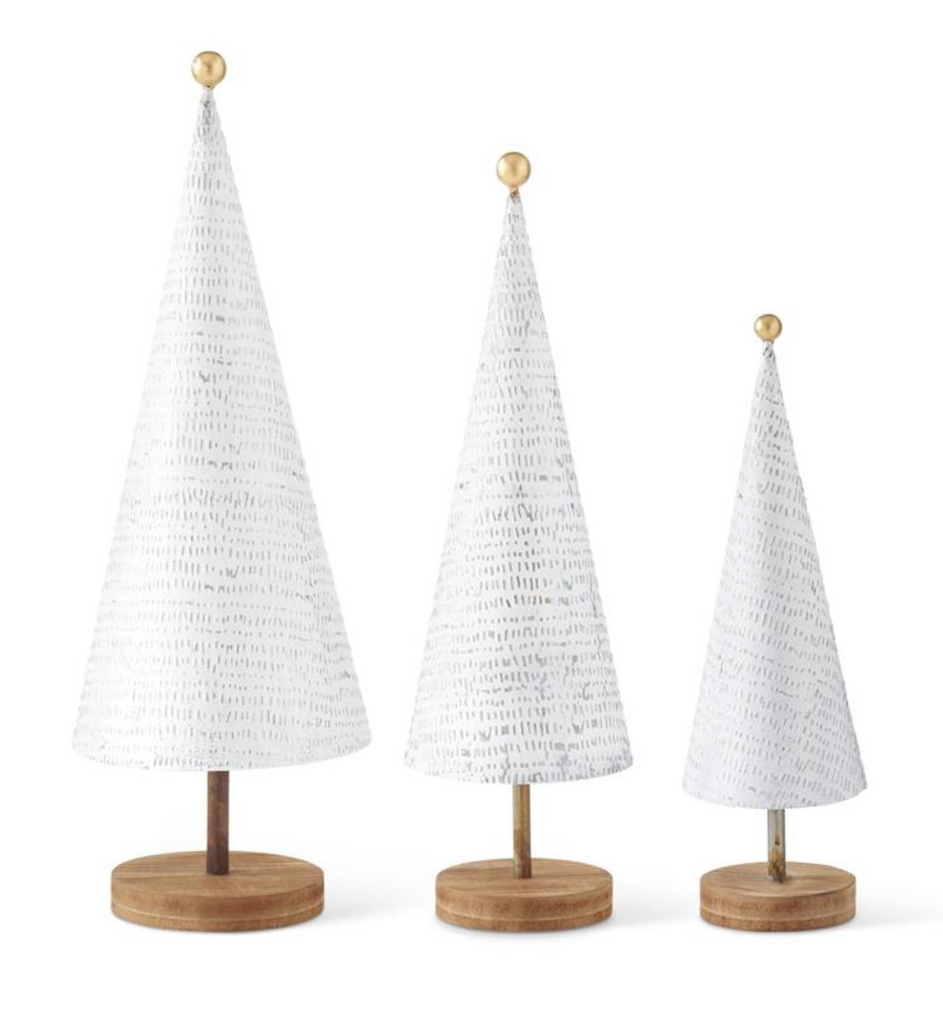 White Distressed Metal Trees on Wood Base w/Gold Ball Toppe