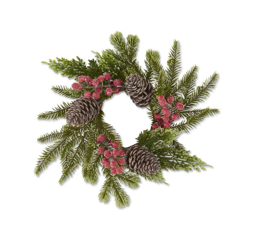 13 Inch Glittered Icy Mixed Pine Candle Ring w/Red Berries & Pineco
