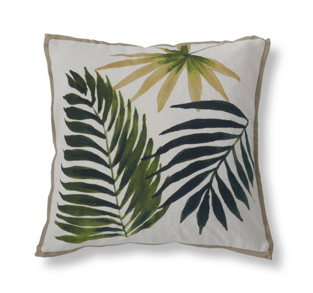 20 Inch Natural Cotton Tropical Leaves Pillow w/Vegan Leather Piping