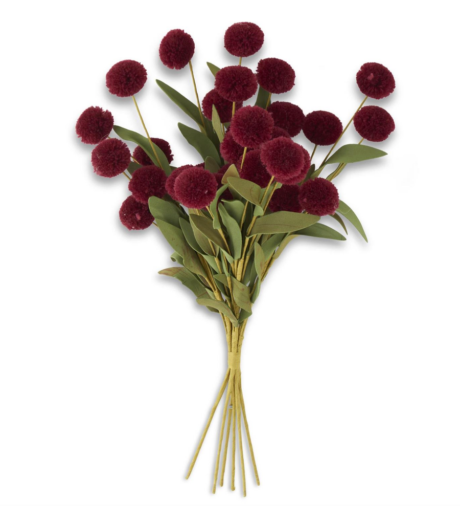 13 Inch Burgundy Pompom Pick w/Green Eva Leaves Bundle (6 Stems)