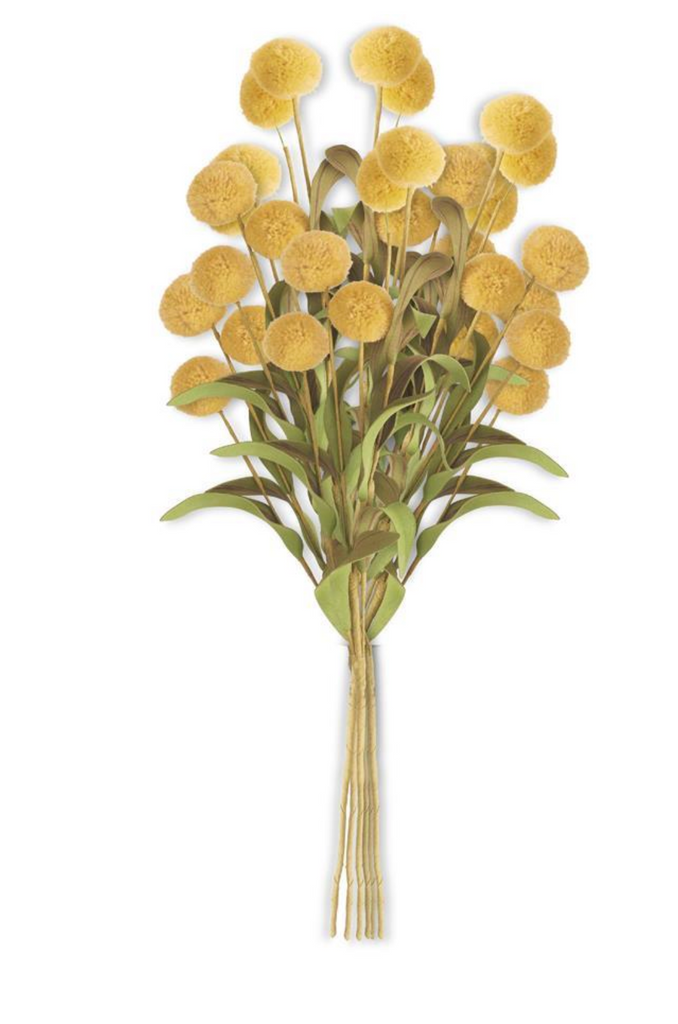 13 Inch Yellow Pompom Pick w/Green Eva Leaves Bundle (6 Stems)