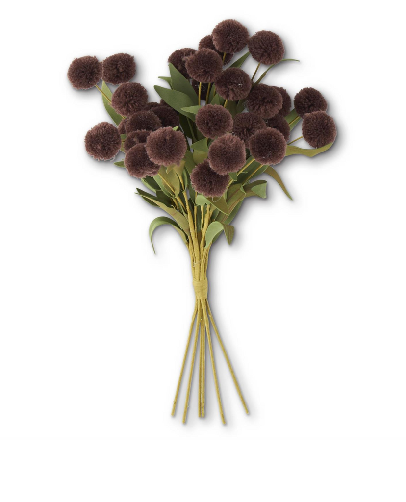 13 Inch Dark Brown Pompom Pick w/Green Eva Leaves Bundle (6 Stems)