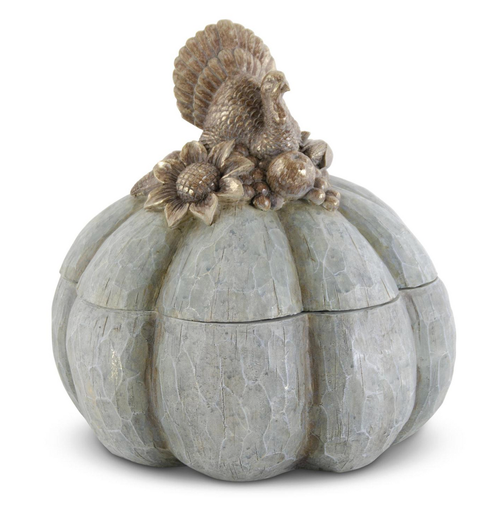 12.25 Inch Green Carved Resin Pumpkin Container w/Gold Turkey Top
