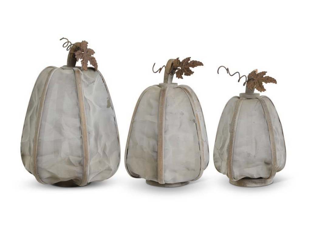 Gray Mesh Pumpkins w/Metal Leaves & Wood Stem