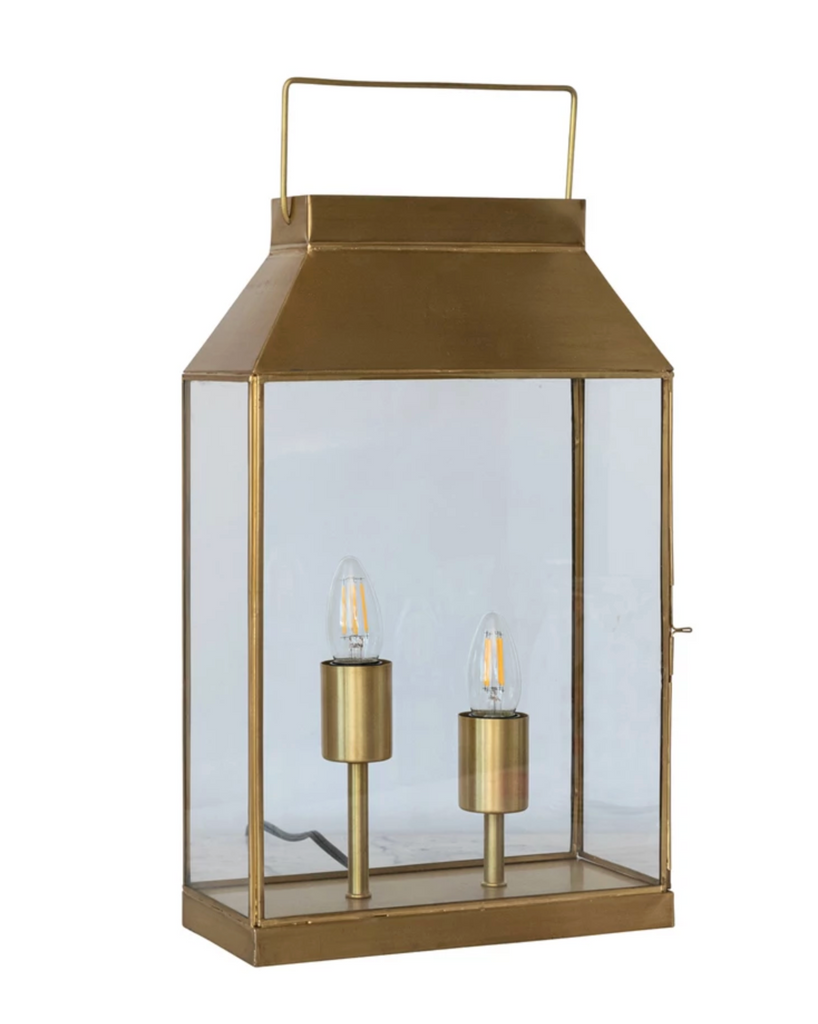 Glass & Brass Lantern Table Lamp with Handle, 2 Lights & Inline Switch