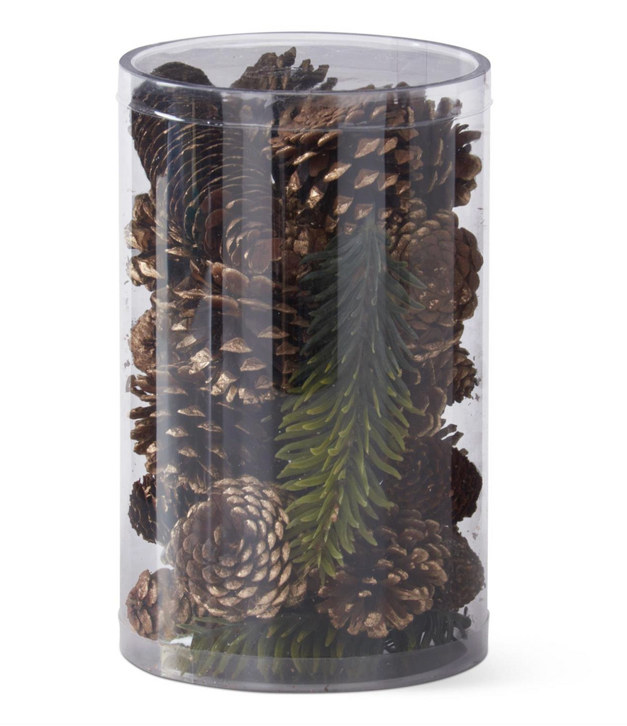 8 Inch Cylinder of Assorted Gold Tipped Pinecones & Pine Sprigs