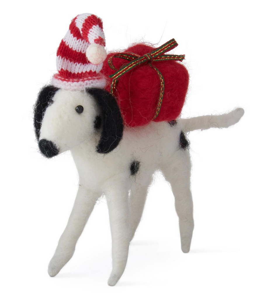 6 Inch Wool Dalmatian w/Striped Hat Ornament