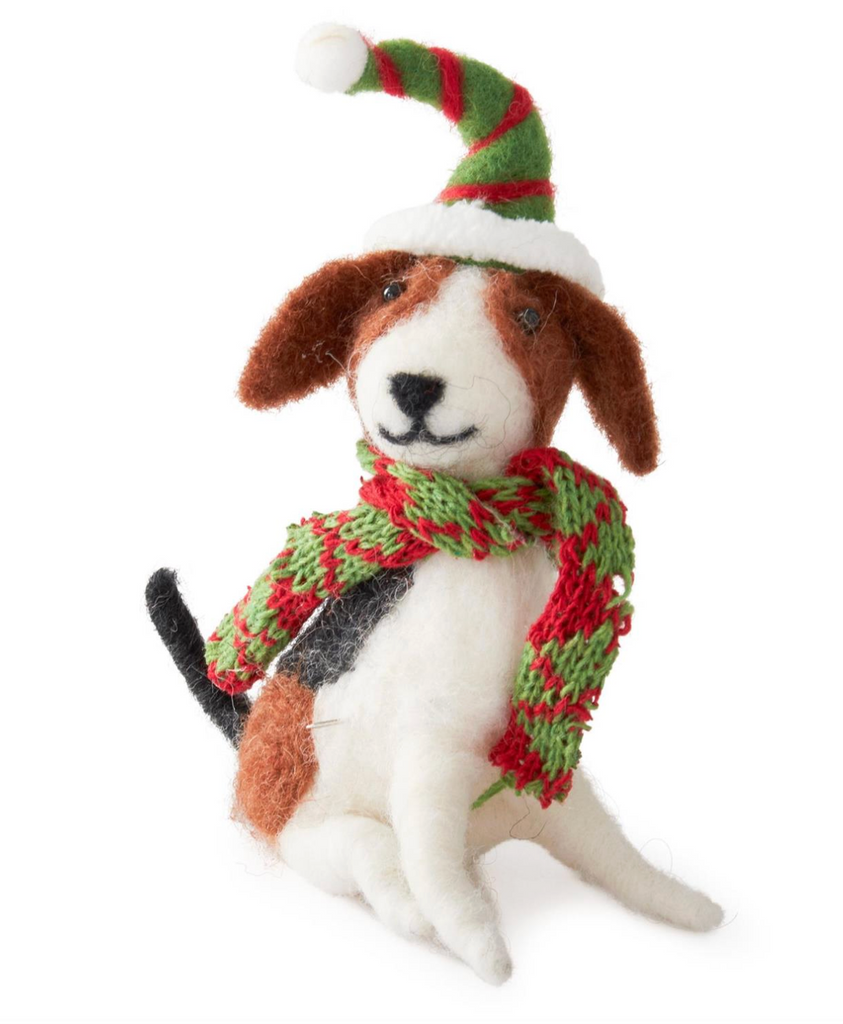 6 Inch Wool Dog w/Striped Elf Hat Ornament