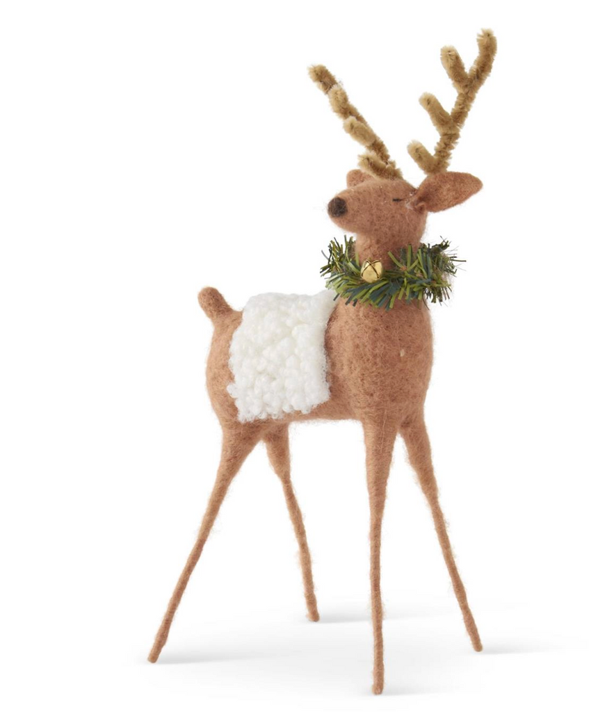 10.25 Inch Tan Wool Reindeer w/Wreath & Bell