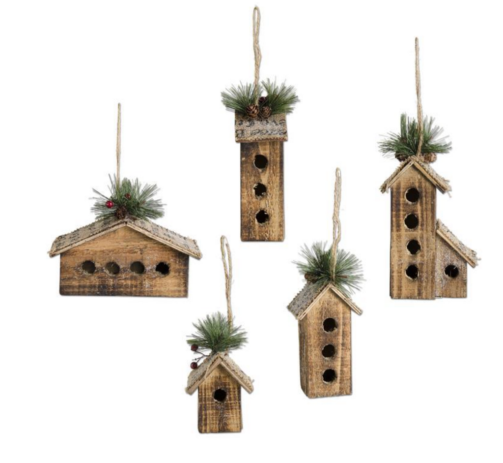 Wood Bird Houses Ornaments w/Burlap Pine & Glitter