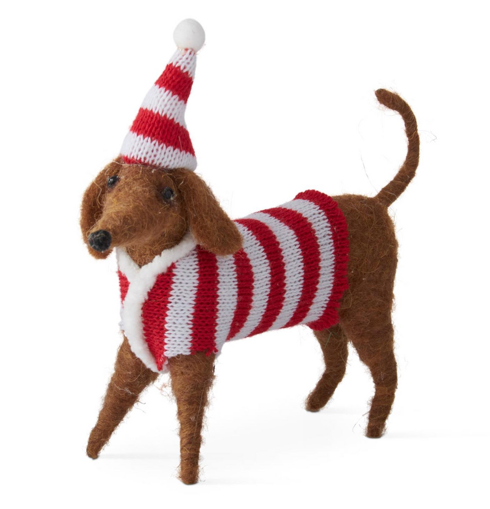 6.5 Inch Wool Dog w/Striped Hat & Sweater Ornament