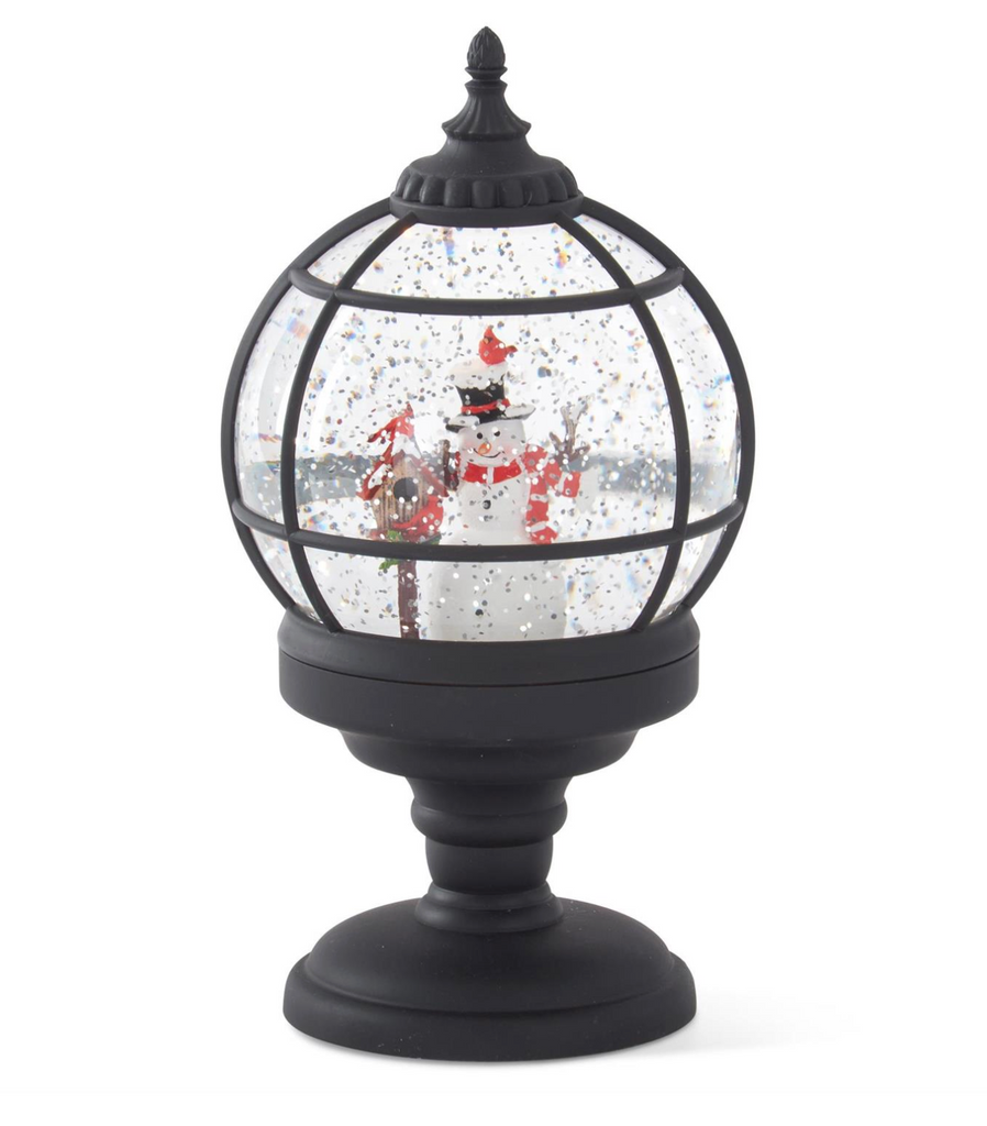 9.5 Inch Black Grid Snowman Water Spinning LED Snow Globe w/Timer