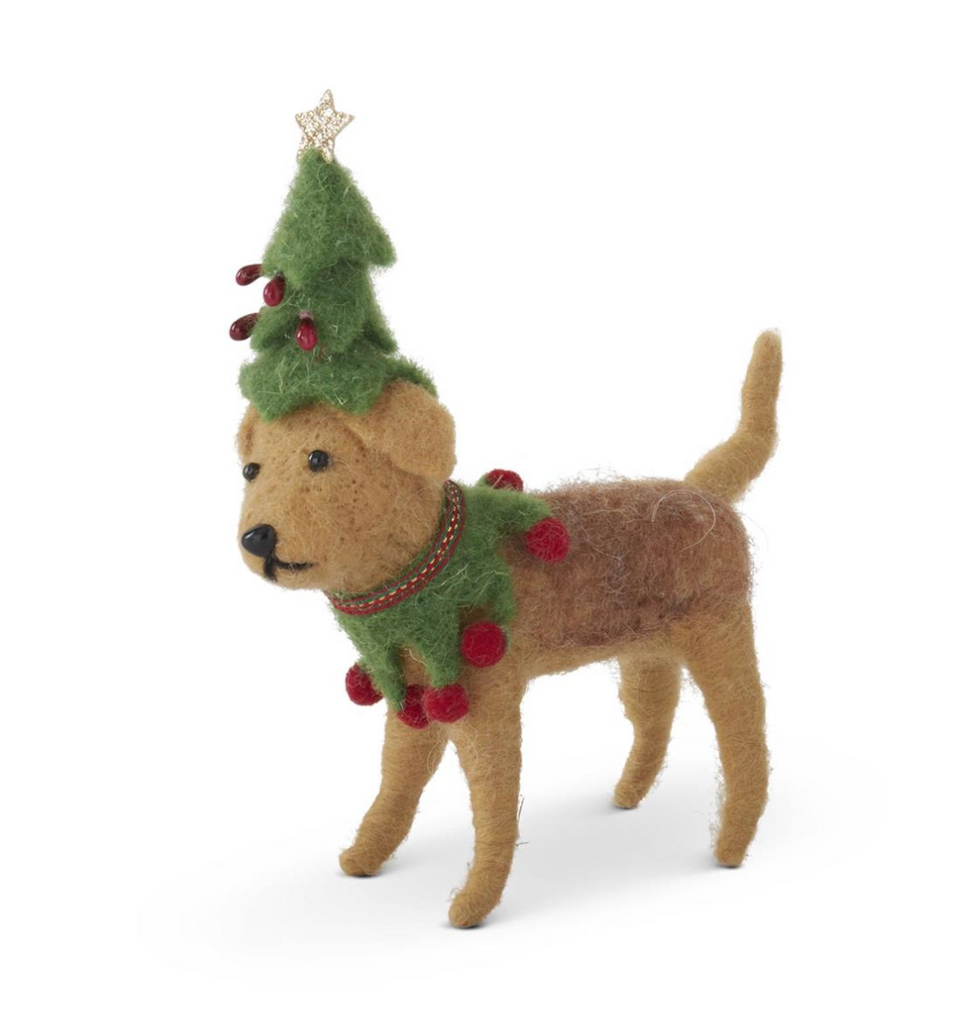 6 Inch Brown Wool Dog W/Tree Hat