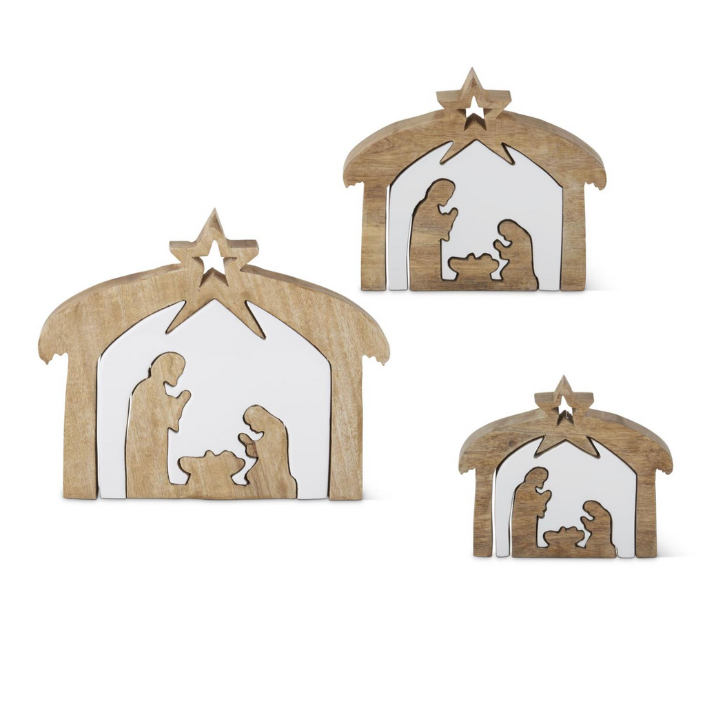 Wood Nativity w/White Enameled Center Cutouts