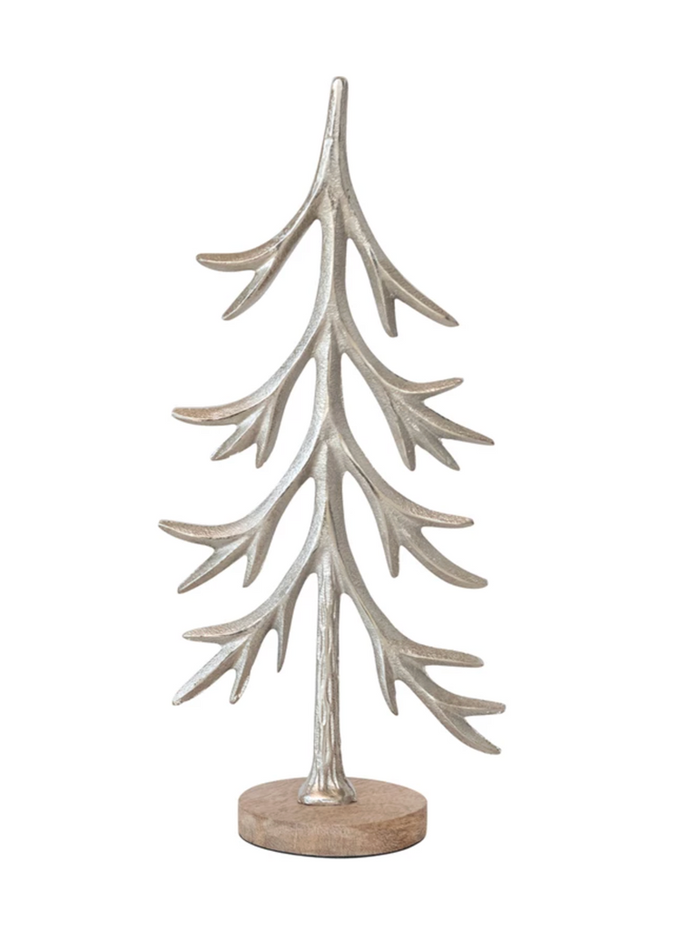 Cast Aluminum Tree with Mango Wood Base, Silver Finish & Natural