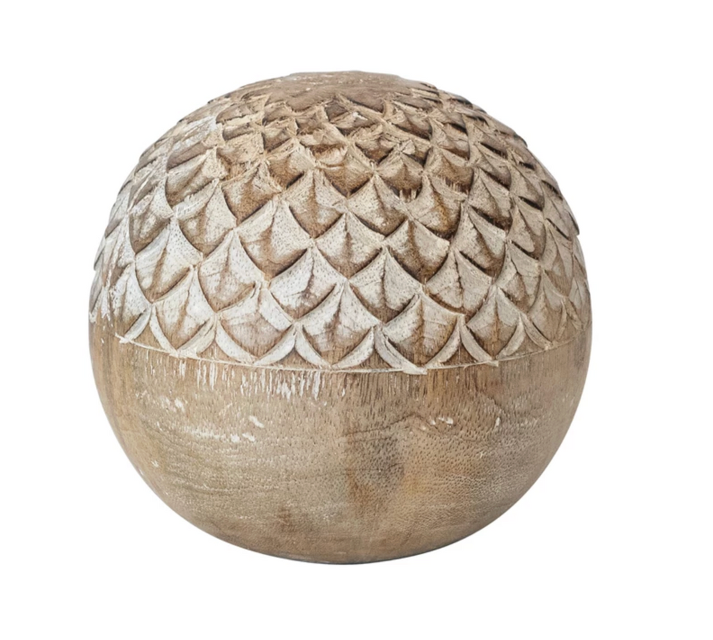 5" Round Hand-Carved Mango Wood Orb, Whitewashed