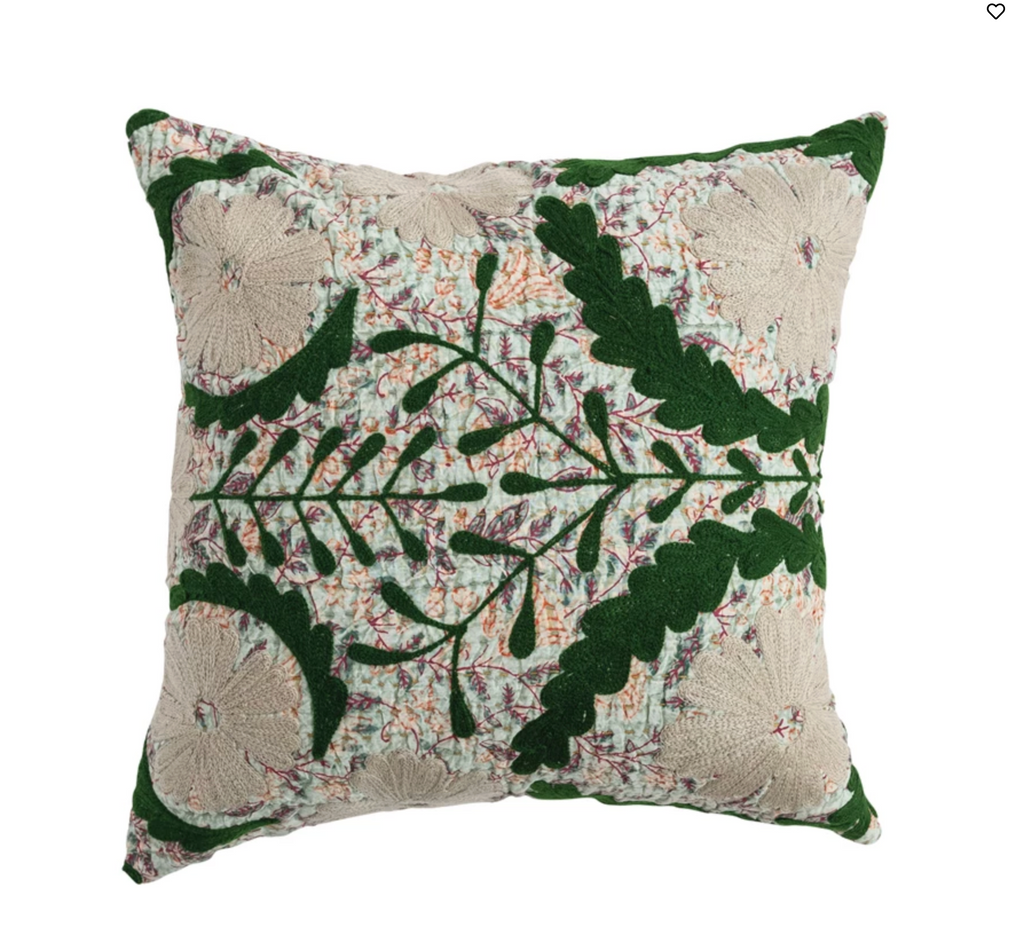 18" Square Cotton Voile Pillow with Hand-Embroidered Kantha Stitch