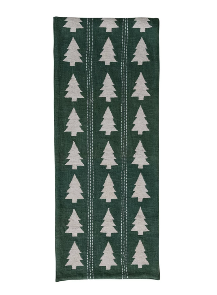 Table Runner with Trees Pattern, Embroidery & Stitching, Green & Natural