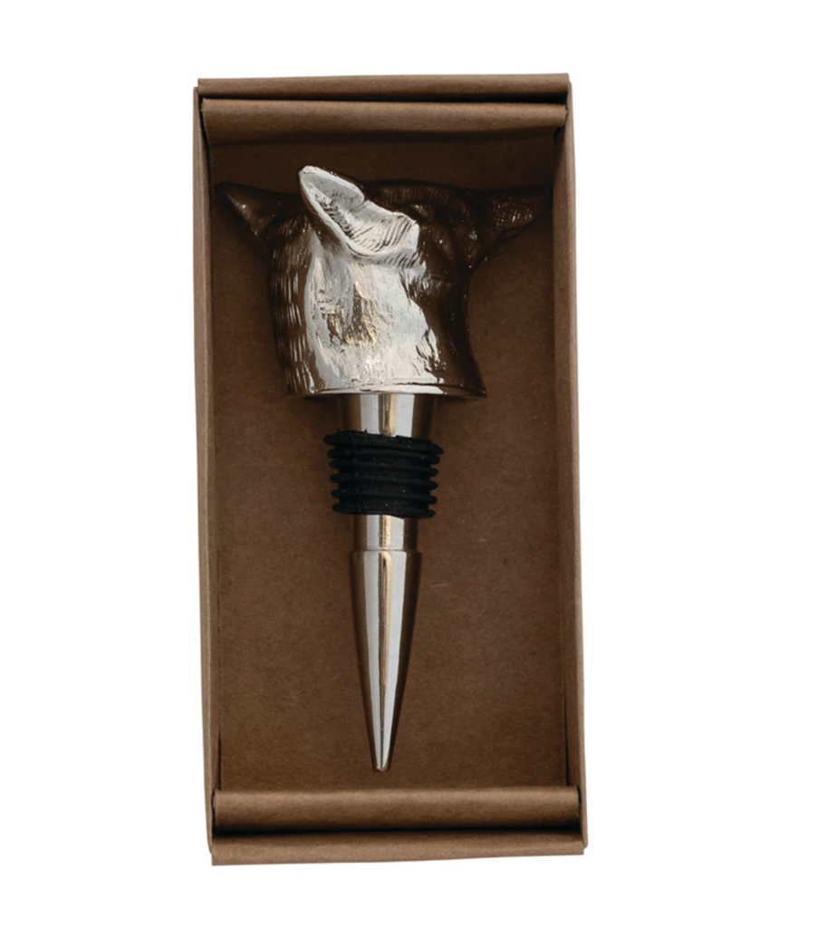 Cast Aluminum Fox Head Bottle Stopper in Kraft Box, Nickel Finish