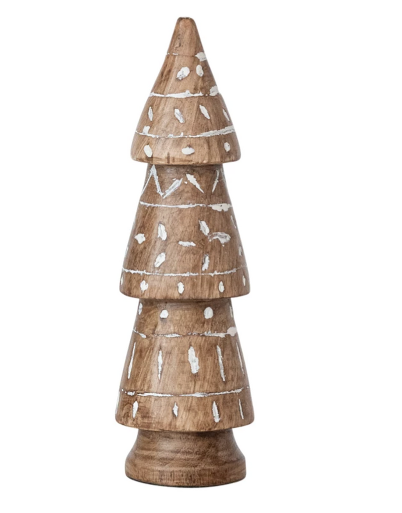 Hand-Carved Mango Wood Tree with Design, Whitewashed