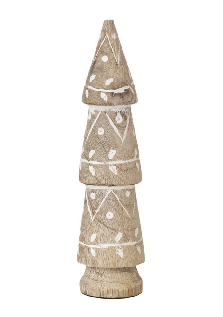 Hand-Carved Mango Wood Tree with Design, Whitewashed