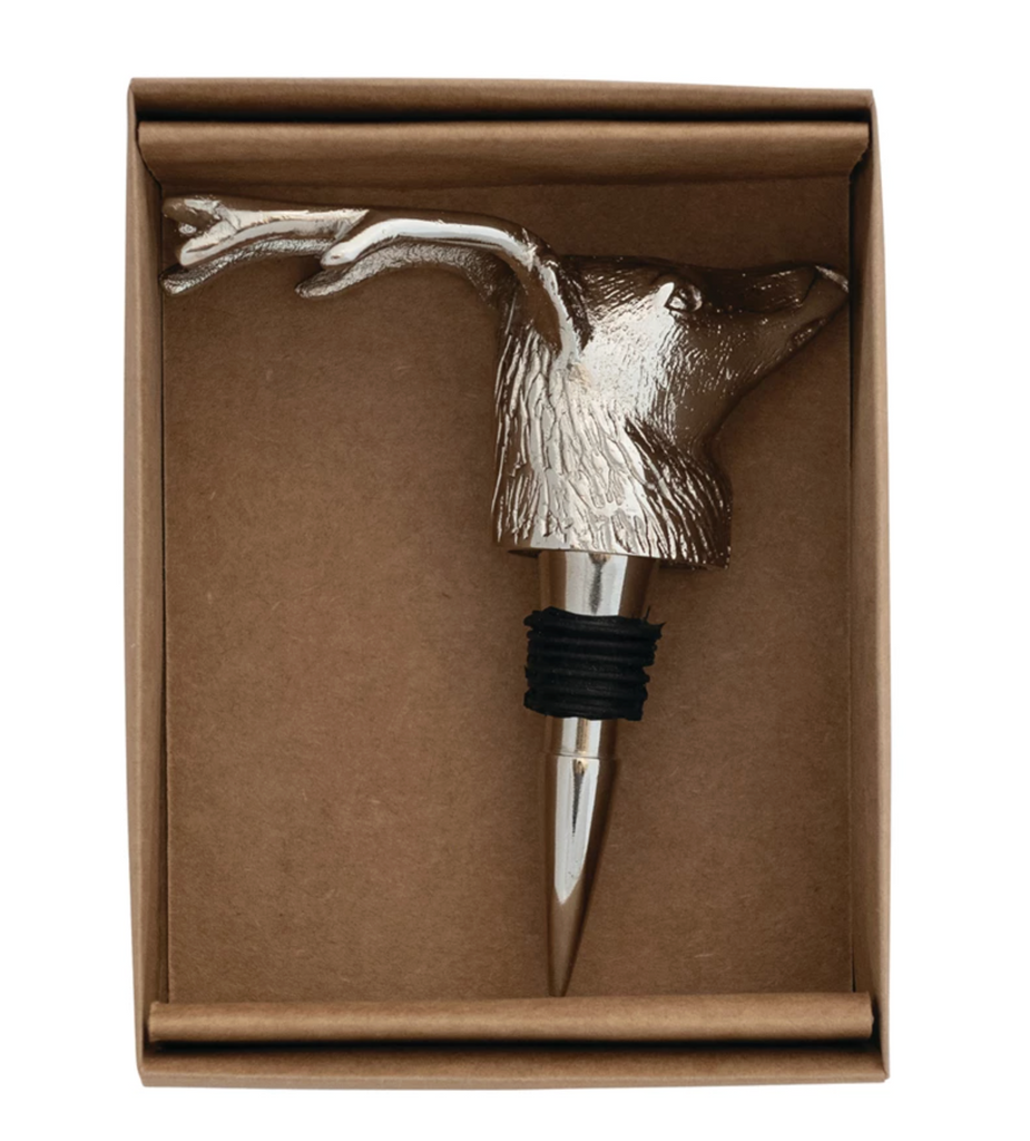 Cast Aluminum Deer Head Bottle Stopper in Kraft Box, Nickel Finish