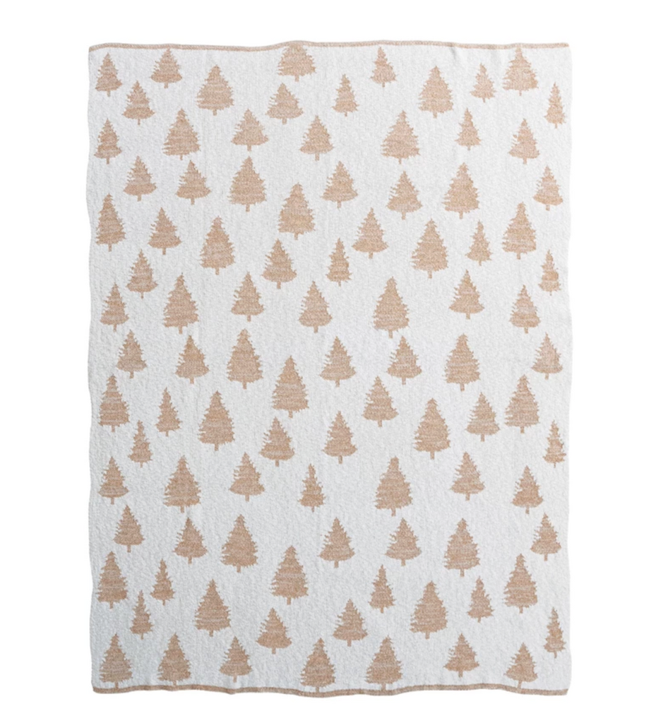 Cotton Knit Throw with Trees & Metallic Gold Thread, Cream Color