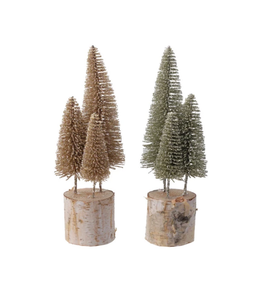 Plastic Bottle Brush Trees with Glitter & Wood Base, 2 Colors