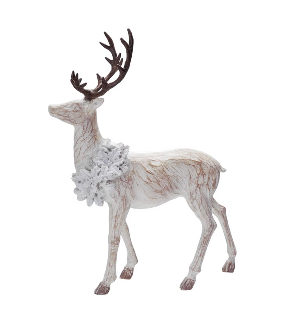 Resin Standing Deer with Wreath, Whitewashed Wood Finish