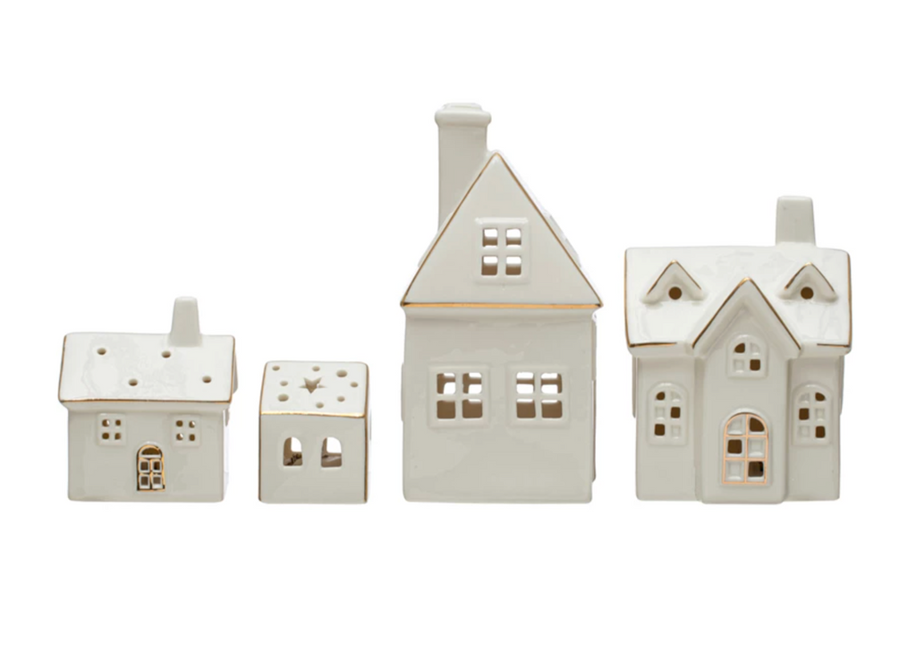 Stoneware Village w/ LED Lights & Gold Electroplating (Batteries Included)