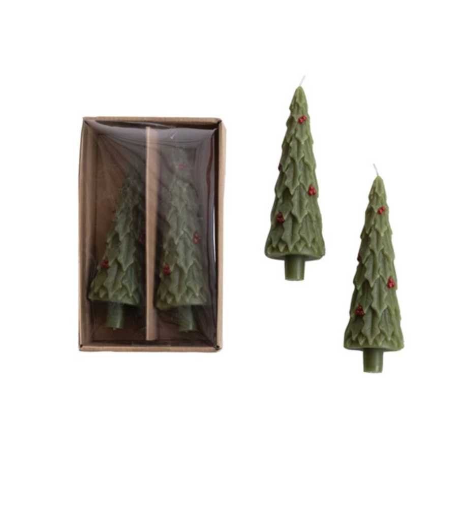 Unscented Tree Shaped Taper Candles in Box with Holly, Set of 2