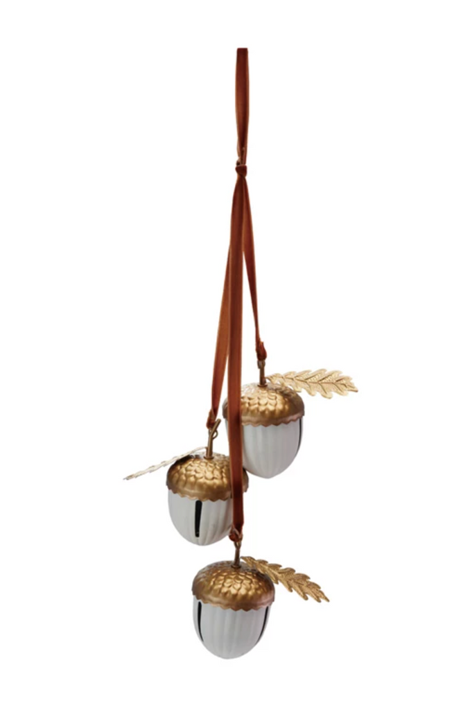 Hanging Metal Acorn Bells with Brown Velvet Ribbon