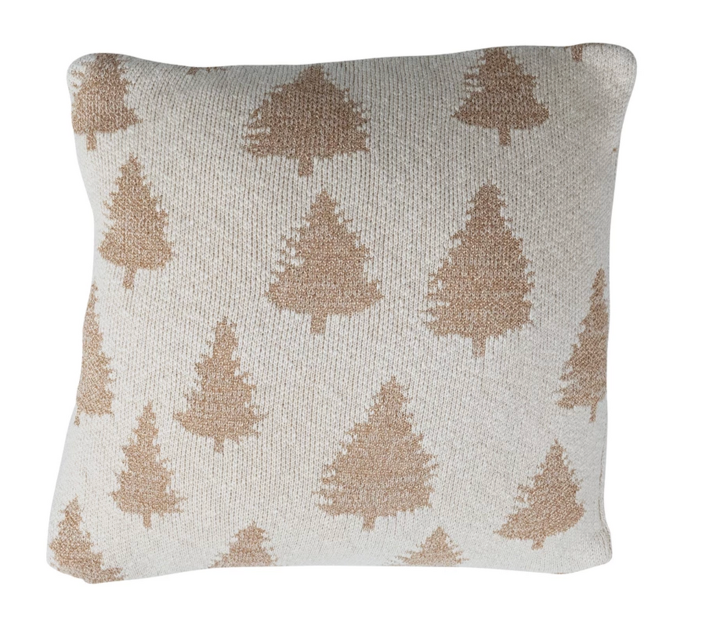 20" Square Cotton Knit Pillow with Trees & Metallic Gold Thread