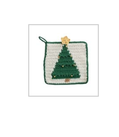 8" Square Cotton Crocheted Pot Holder with Christmas Tree & Beads